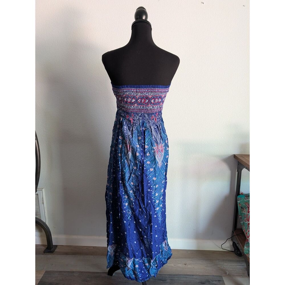 Blue Strapless Midi Dress with Smocked Bodice